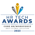 HR Tech Awards logo featuring three abstract figures and text for best global solution, 2023 edition., HRTechAwards, BestGlobalSolution2023