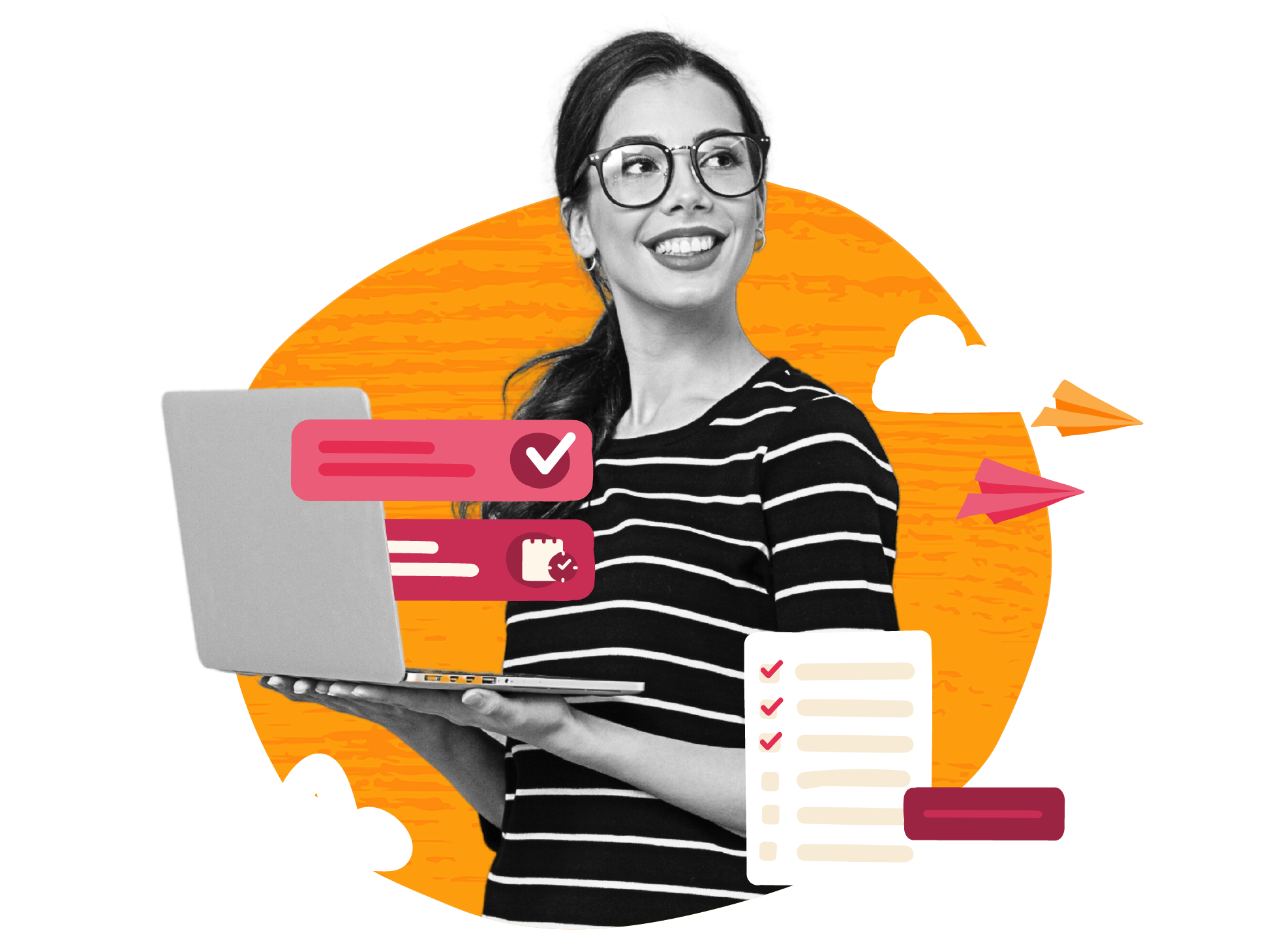 digital workspace, woman with laptop and checklists in a colorful illustrated background