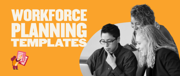 workforce planning templates, team collaboration on project with laptop and notes, bright orange background