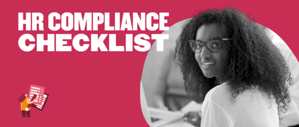 HR compliance checklist featuring a woman with curly hair, glasses, smiling with a vibrant background., HR compliance checklist vibrant background curly hair woman