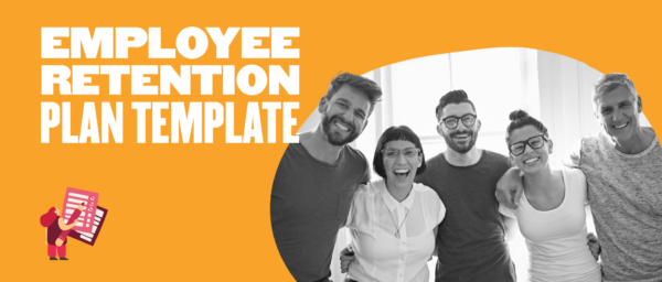 employee retention plan template with diverse smiling team members on vibrant orange background, happy employees celebrating success