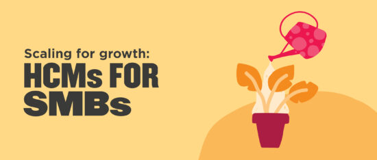 scaling for growth HCMs for SMBs, watering can nourishing green plant in a pot on a yellow background, HCMs for SMBs growth illustration