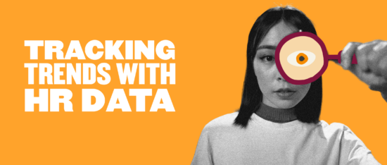 tracking trends with HR data, woman with magnifying glass, orange background, modern graphic design, visualizing HR analytics insights