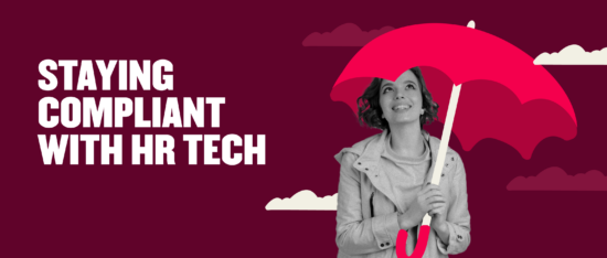 staying compliant with HR tech umbrella concept woman smiling, compliance support HR technology illustration