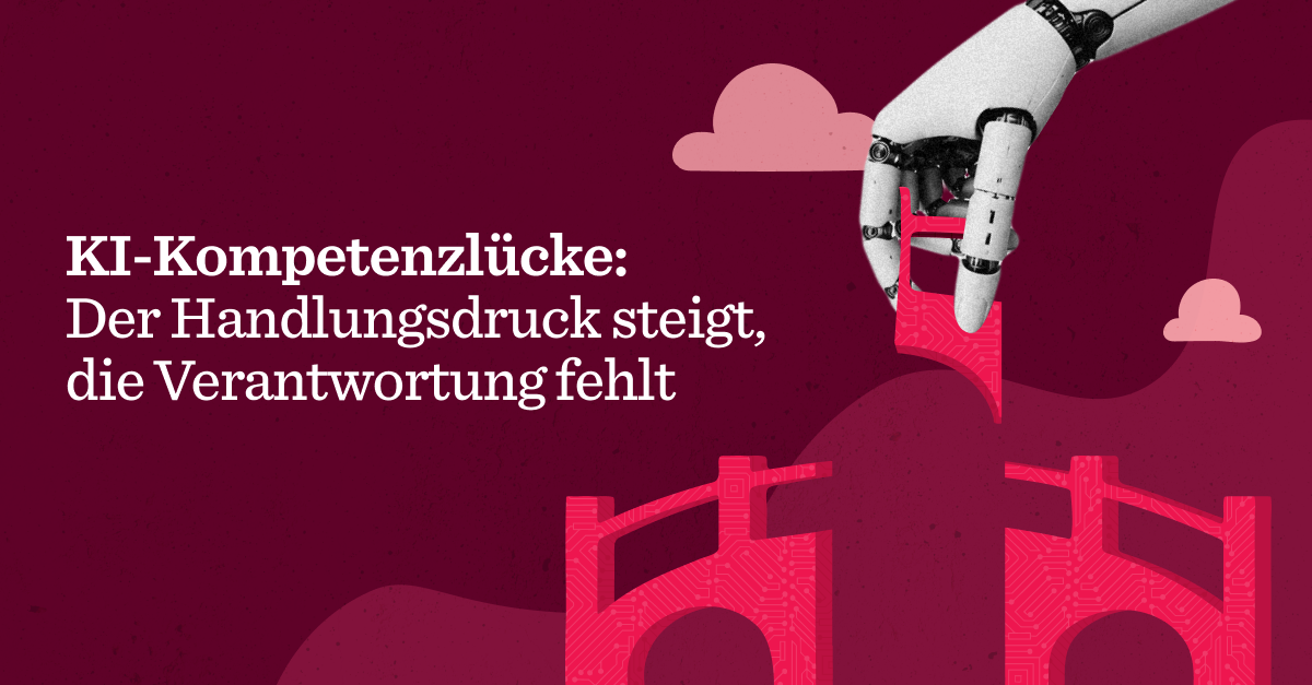 KI-Kompetenzlücke mit Roboterhand, die rote Strukturen hält; thematisiert steigenden Druck und fehlende Verantwortung., Roboterhand, Kompetenzlücke
