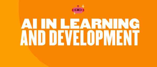 AI in Learning and Development with a playful robot graphic on an orange background, highlighting technology in education, AI, LearningDevelopment
