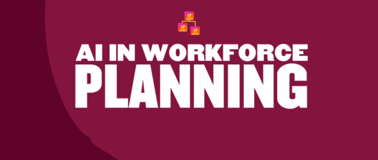 AI in Workforce Planning with vibrant icons, bold typography, and a maroon background, signifying modern employment strategies. AI, WorkforcePlanning