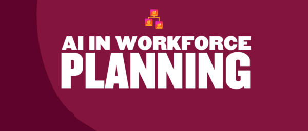 AI in Workforce Planning with vibrant icons, bold typography, and a maroon background, signifying modern employment strategies. AI, WorkforcePlanning