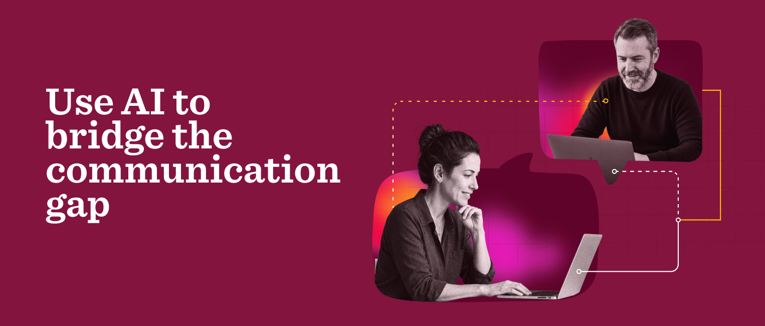 Use AI for effective communication; features two professionals using laptops with vibrant backgrounds and connecting graphics. AI, communication