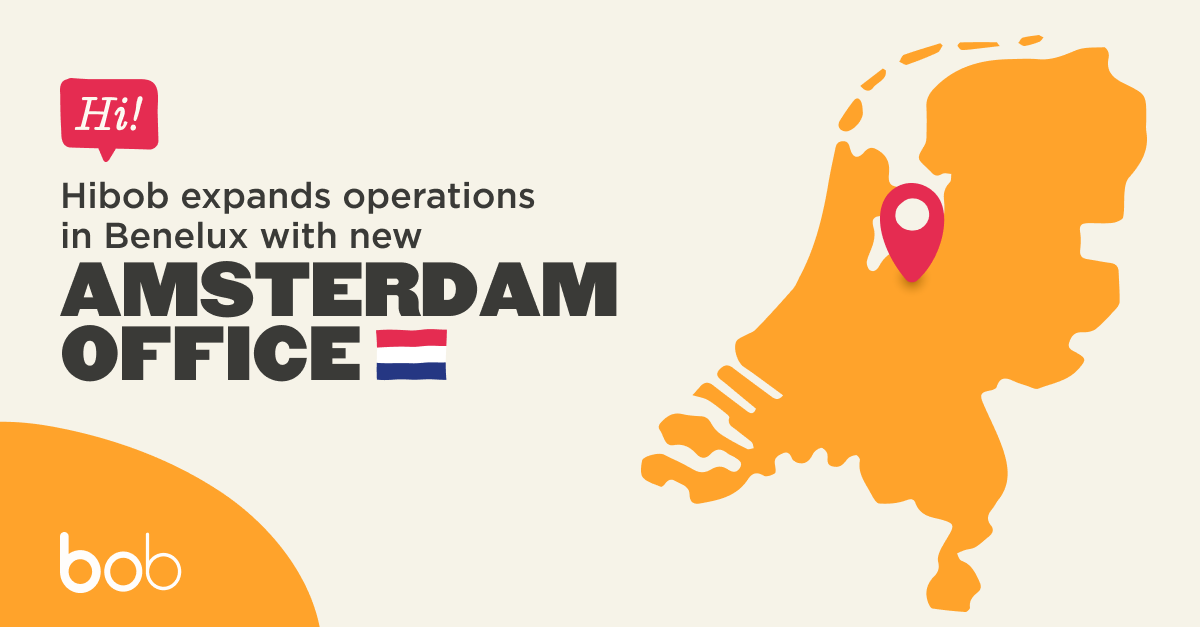 Hibob expands in Benelux with a new Amsterdam office, showcased on a map of the Netherlands with a pin., Amsterdam office, Hibob expansion
