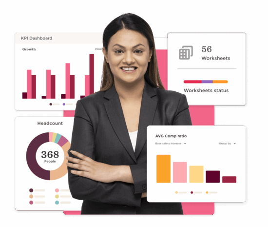 KPI dashboard with graphs, headcount data, and a confident professional woman presenting insights, Data analysis, Business insights
