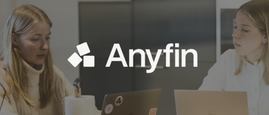 women collaborating, Anyfin logo on laptops in modern office setting
