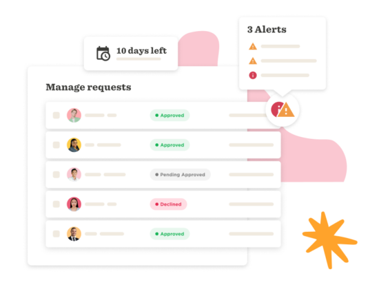 manage requests, status indicators for approvals, pending, and declines with alerts on deadlines and issues