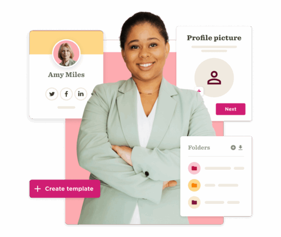 professional woman in blazer, profile features, social media icons, create template button, business profile design, user interaction elements