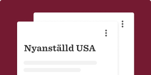 Nyanställt USA, Minimalist design with text on a deep red background, featuring white cards in a modern layout.