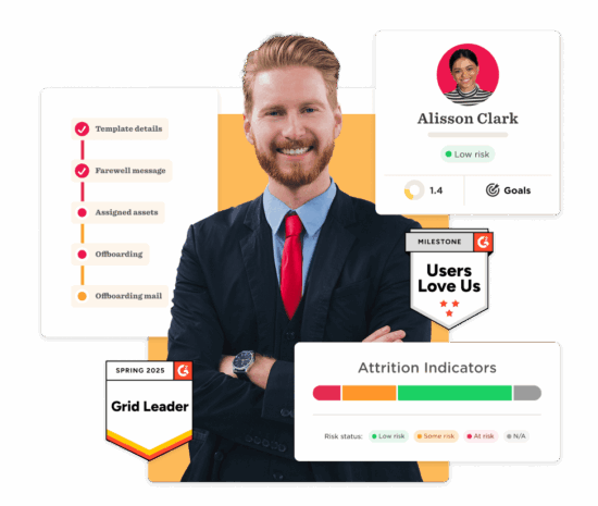 professional man in suit with onboarding metrics and user feedback stats, highlighting attrition indicators and goals, G2 Grid Leader badge and user love statistics