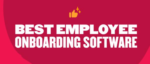 best employee onboarding software, visual graphic with bold text and thumbs up icon on red background