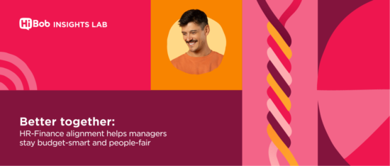 HiBob Insights Lab graphic featuring a smiling man, vibrant colors, and text about HR-Finance alignment benefits. tag1, tag2