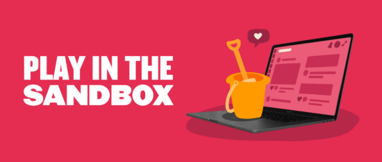 play in the sandbox laptop with social media feed and orange bucket for creativity, colorful illustration for digital engagement