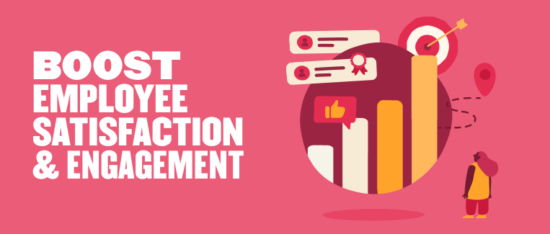 boost employee satisfaction engagement, illustration of a target, statistics, and person symbolizing growth in workplace morale