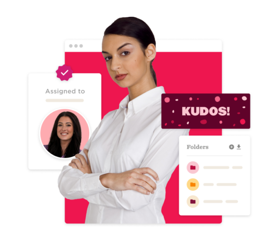 professional woman with arms crossed, digital workspace highlights 'KUDOS!' and folder management, confident woman, digital accomplishment notification