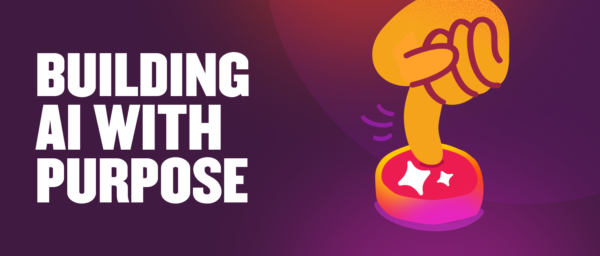 Building AI with purpose concept art featuring a colorful button and a hand pressing down, emphasizing innovation and intention. building-ai, purpose-concept-art