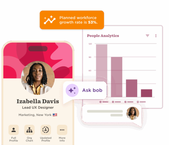 Izabella Davis profile, planned workforce growth rate 53%, and people analytics bar chart showcasing data insights. profile, analytics
