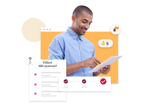 professional man using tablet for HR system evaluation, colorful interface elements, digital workspace, HR tech, user engagement