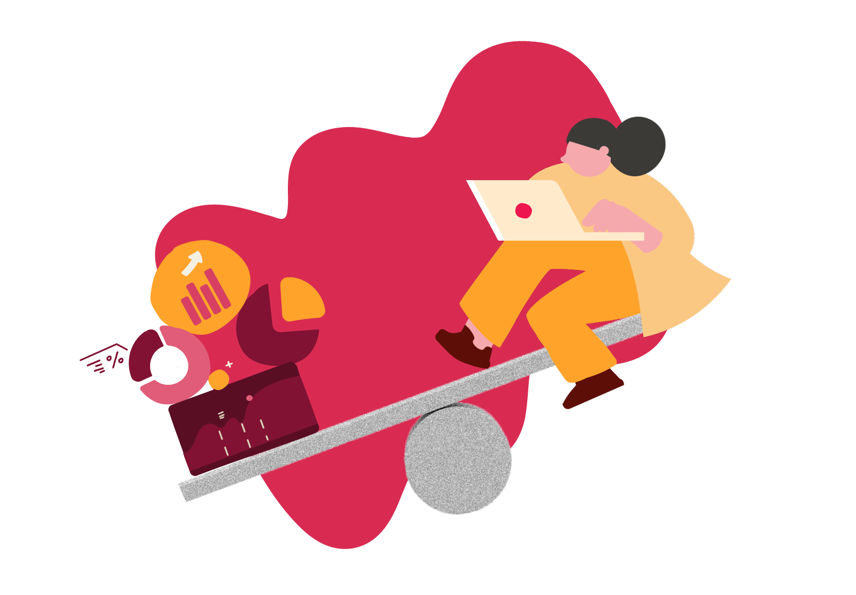woman working on laptop balancing graphs and charts on a seesaw against a vibrant background, balance between work and analytics