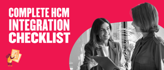 HCM integration checklist with two women discussing in an office, emphasizing collaboration and planning., HCM, integration