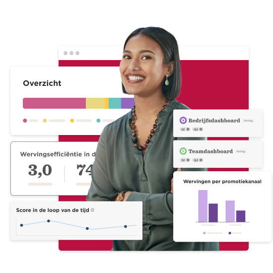 smiling woman in front of colorful dashboards showcasing hiring metrics and analytics, data visualization for recruitment efficiency