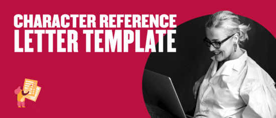 character reference letter template, woman smiling at laptop wearing glasses and a white shirt on a red background