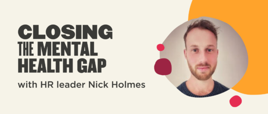 closing mental health gap with HR leader Nick Holmes, professional portrait of Nick Holmes with colorful graphic elements