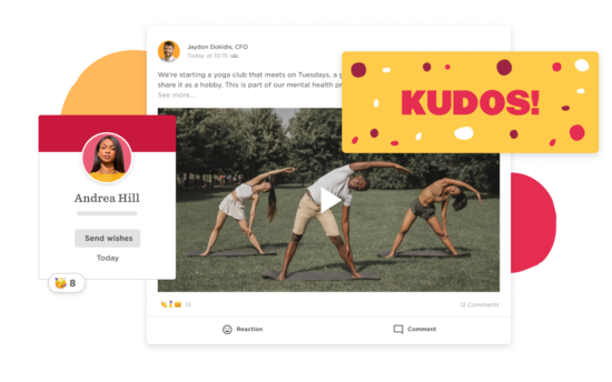 yoga club announcement post with three people practicing yoga outdoors and a vibrant "KUDOS!" graphic, user profile with name and reactions