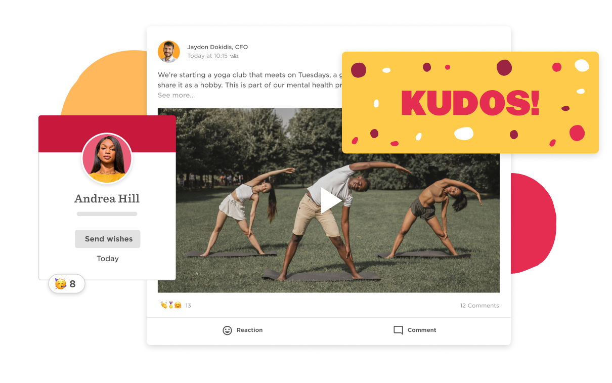yoga club announcement post with three people practicing yoga outdoors and a vibrant "KUDOS!" graphic, user profile with name and reactions