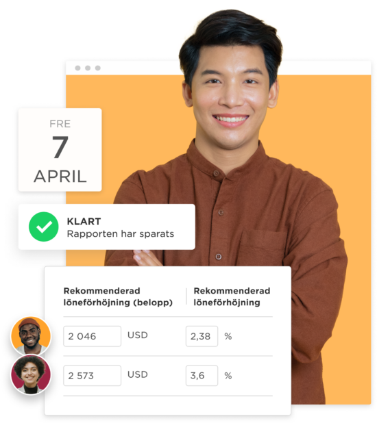 young man smiling in brown shirt with report details on salary increase and date April 7, user interface elements, salary report data with percentages and amounts in USD