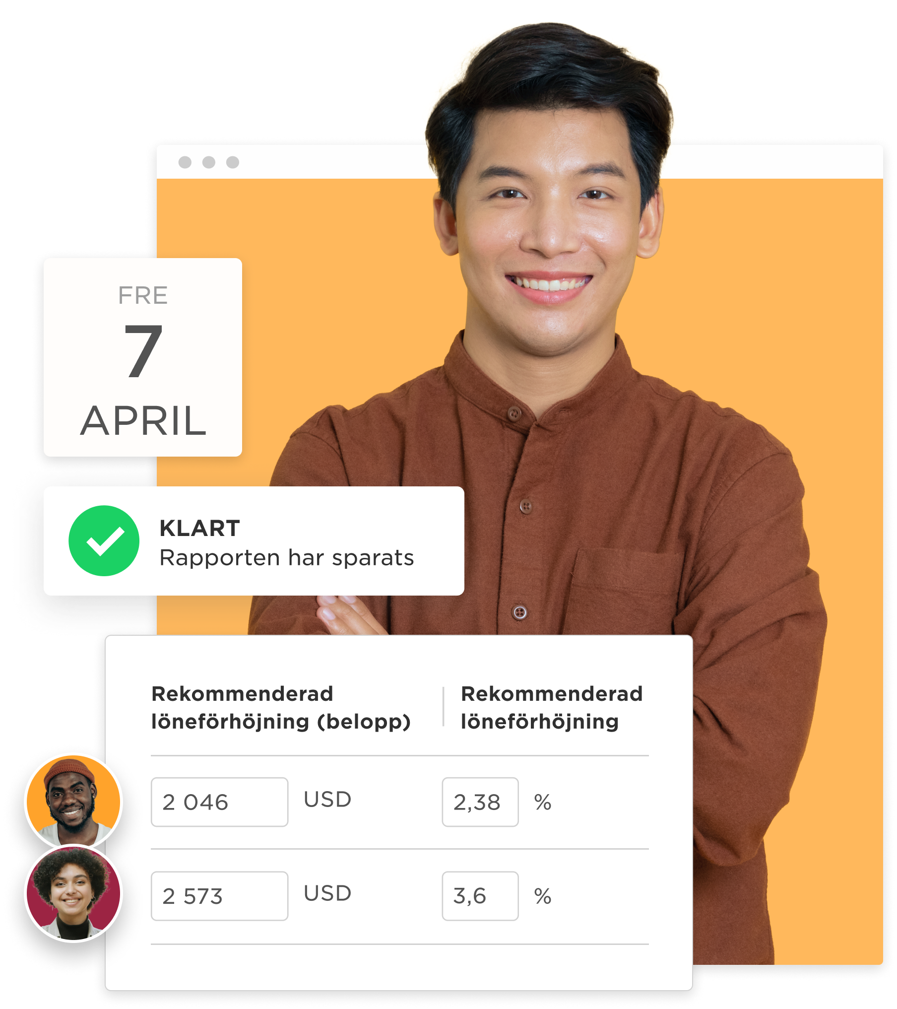 young man smiling in brown shirt with report details on salary increase and date April 7, user interface elements, salary report data with percentages and amounts in USD