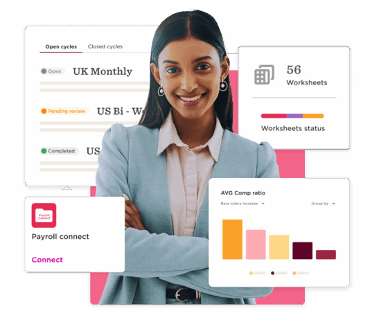 business woman smiling, data analytics dashboard with payroll metrics and worksheets status