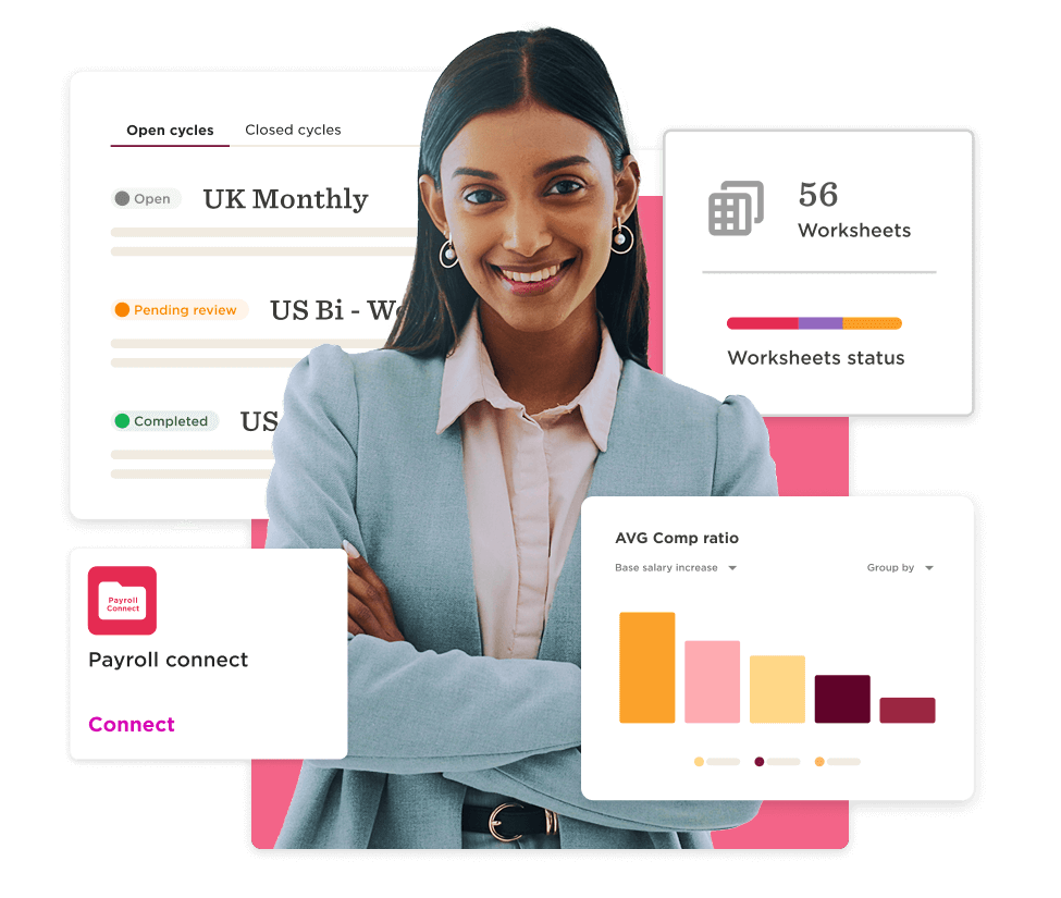 business woman smiling, data analytics dashboard with payroll metrics and worksheets status