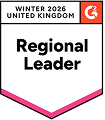 Winter 2026 G2 Regional Leader badge for the United Kingdom with a pink and black design., G2 badge, Regional Leader award