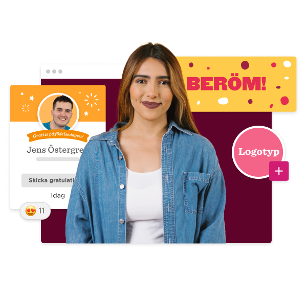 Jens Östergren birthday greeting graphic with smiling woman in denim shirt and celebratory design elements. , birthday, celebration