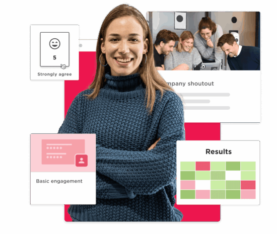 smiling woman in a cozy sweater with engagement metrics and team interaction visuals in the background, engagement metrics, team collaboration