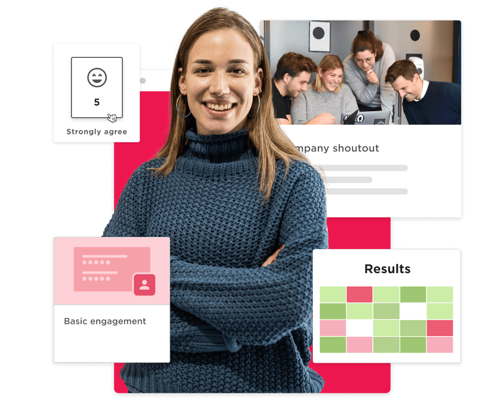smiling woman in a cozy sweater with engagement metrics and team interaction visuals in the background, engagement metrics, team collaboration