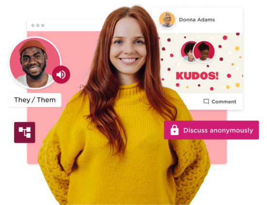 smiling woman in yellow sweater, digital interface with discussions and recognition elements