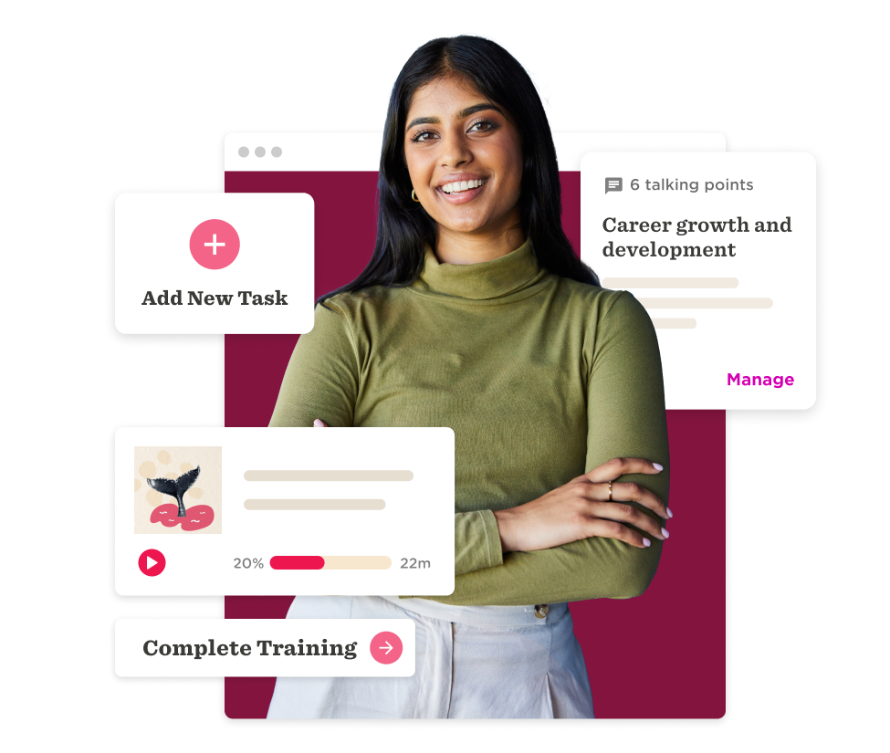 professional woman smiling, task management interface featuring training and development elements