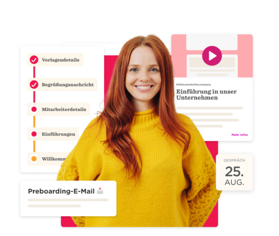 smiling woman in yellow sweater with onboarding checklist, preboarding email details with company introduction graphics
