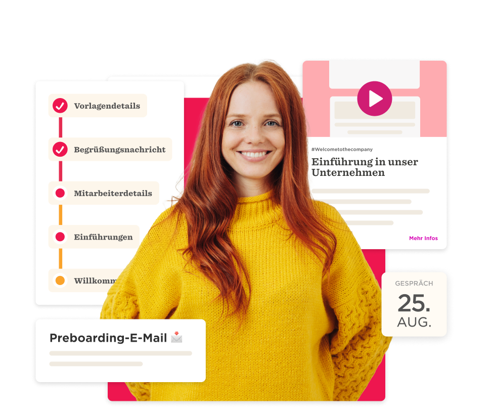 smiling woman in yellow sweater with onboarding checklist, preboarding email details with company introduction graphics