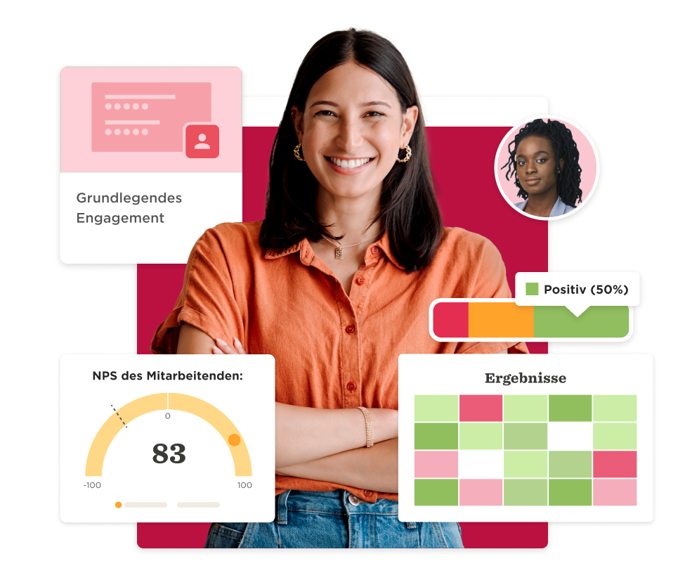 smiling woman with dark hair in casual outfit displays engagement metrics and employee satisfaction results, engagement statistics chart and graphs