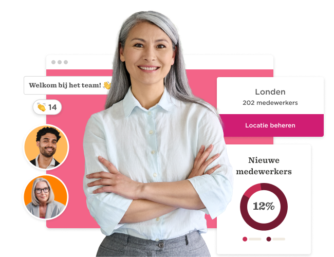 team member with gray hair smiling, digital interface with employee stats, welcoming message, and location details, employee engagement, workplace statistics
