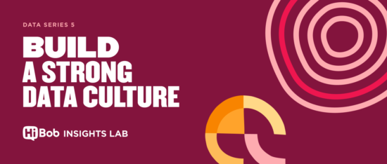 Build a strong data culture, vibrant abstract shapes, HiBob logo, rich colors on a maroon background. Data Series 5 cover. data-culture, visual-design